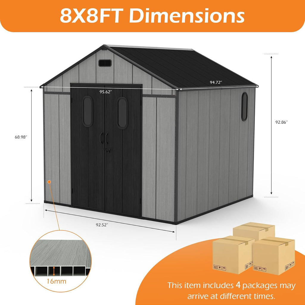 Domi 8x8Ft Resin Outdoor Storage Shed with Floor, Plastic Garden Storage Shed, Outside Weatherproof Storage Building for Tools, Bike, Lawn Mower, Patio, Backyard