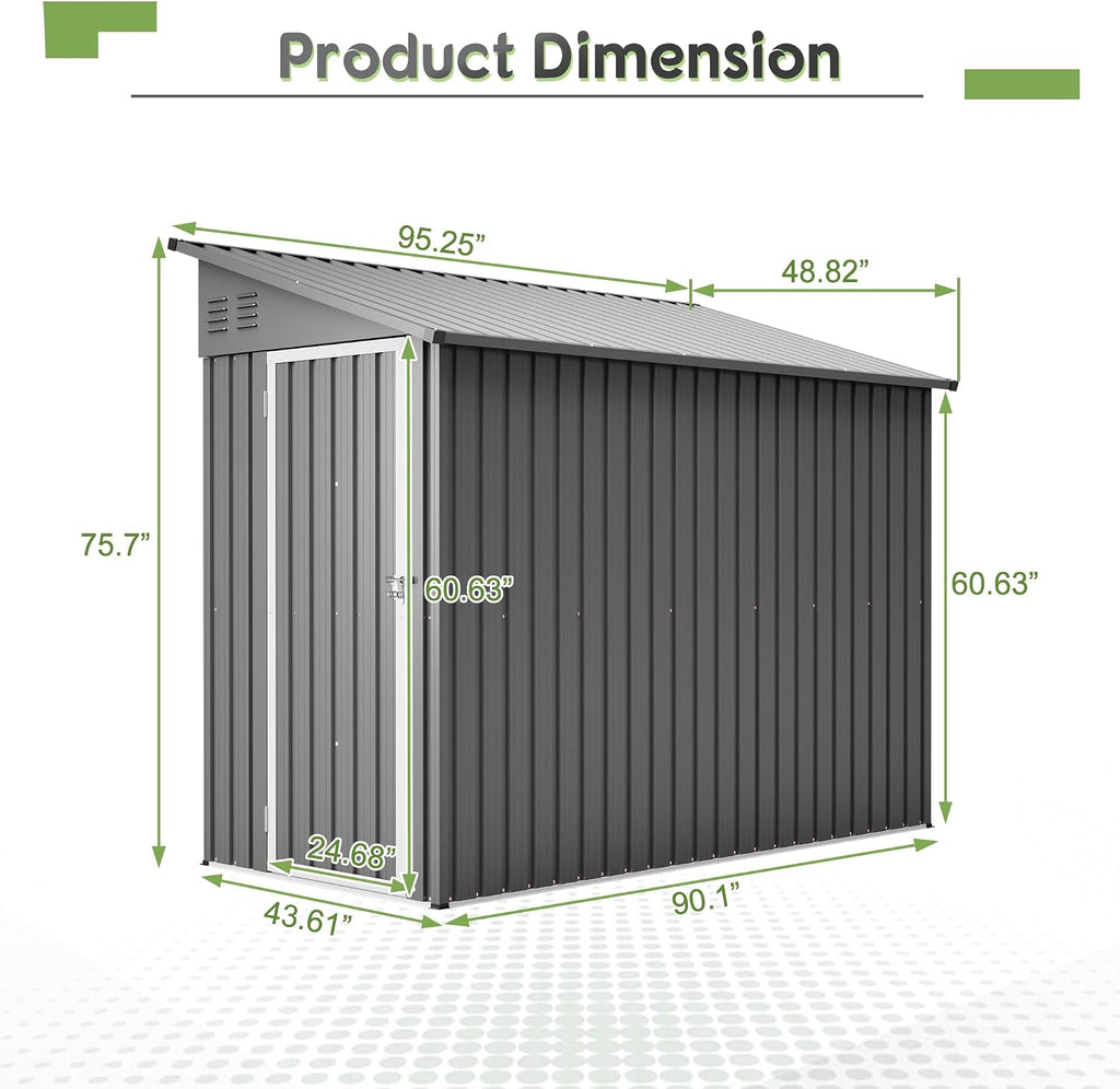 Outdoor Metal Storage Shed 4 x 8 ft, Garden Shed Lean to shed for Bike, Tool Outside Shed with Floor Base, Lock, Door for Backyard, Patio, Lawn, Grey