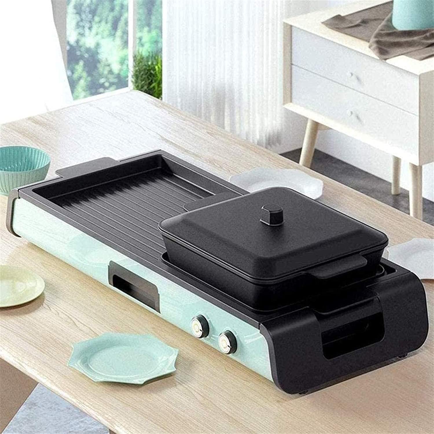 Electric Grill Indoor Portable Electric Grill, Indoor Grills, Electric Hot Pot Grill Electric Barbecue Grill Indoor 2 in 1 Large Capacity Indoor Multifunctional Non-Stick Pan Electric,Household Nonsti