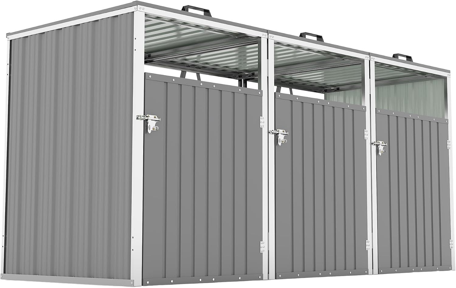 Montary 85 CU.FT Metal Outdoor Garbage Bin Storage Shed with Chain Lid, Waterproof Trash Can Organizer for 3 Bins, Garden Tools for Garden Yard Lawn, Grey