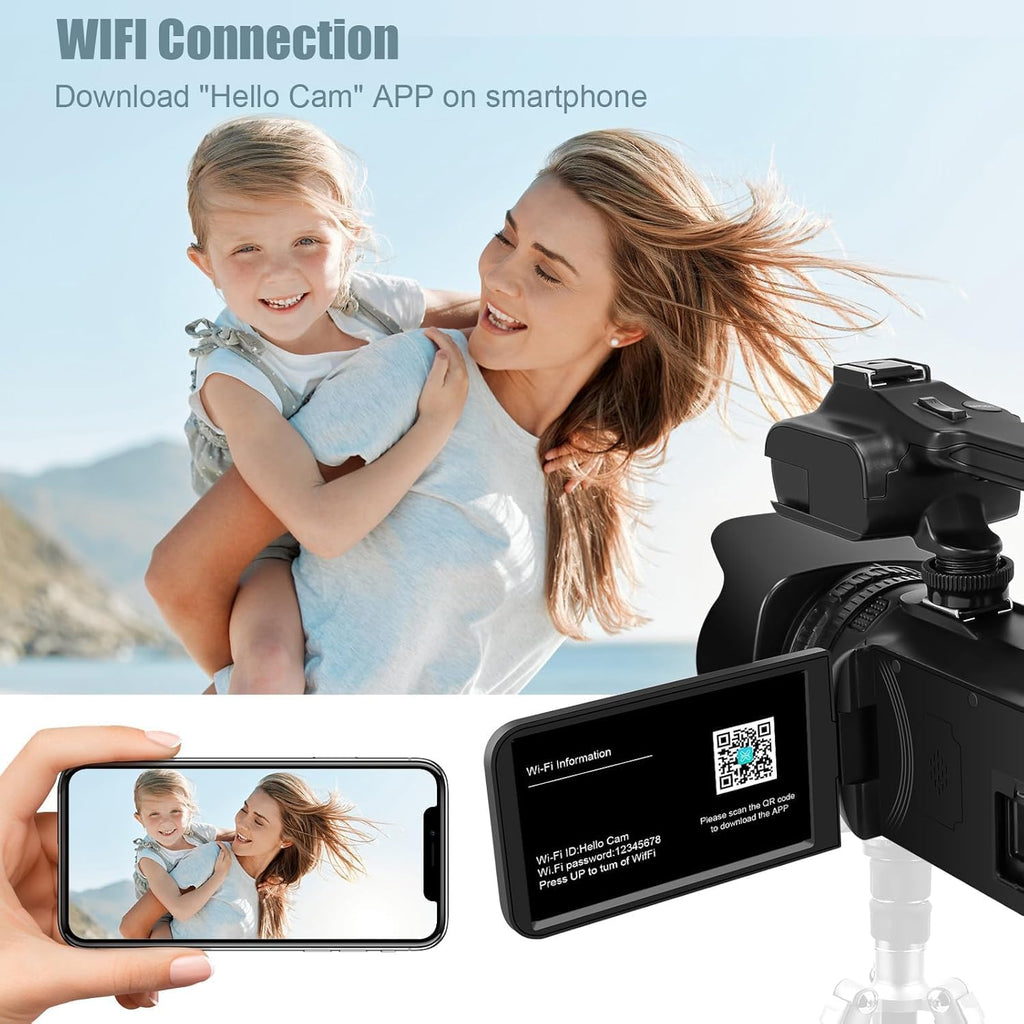 Camcorder Video Camera 6K 64MP IR Night Vision Vlogging Camera for YouTube 18X Digital Zoom 4.0 Inch Touch Screen Video Camera with WiFi, Microphone, Remote Control, 64GB SD Card,Stabilizer