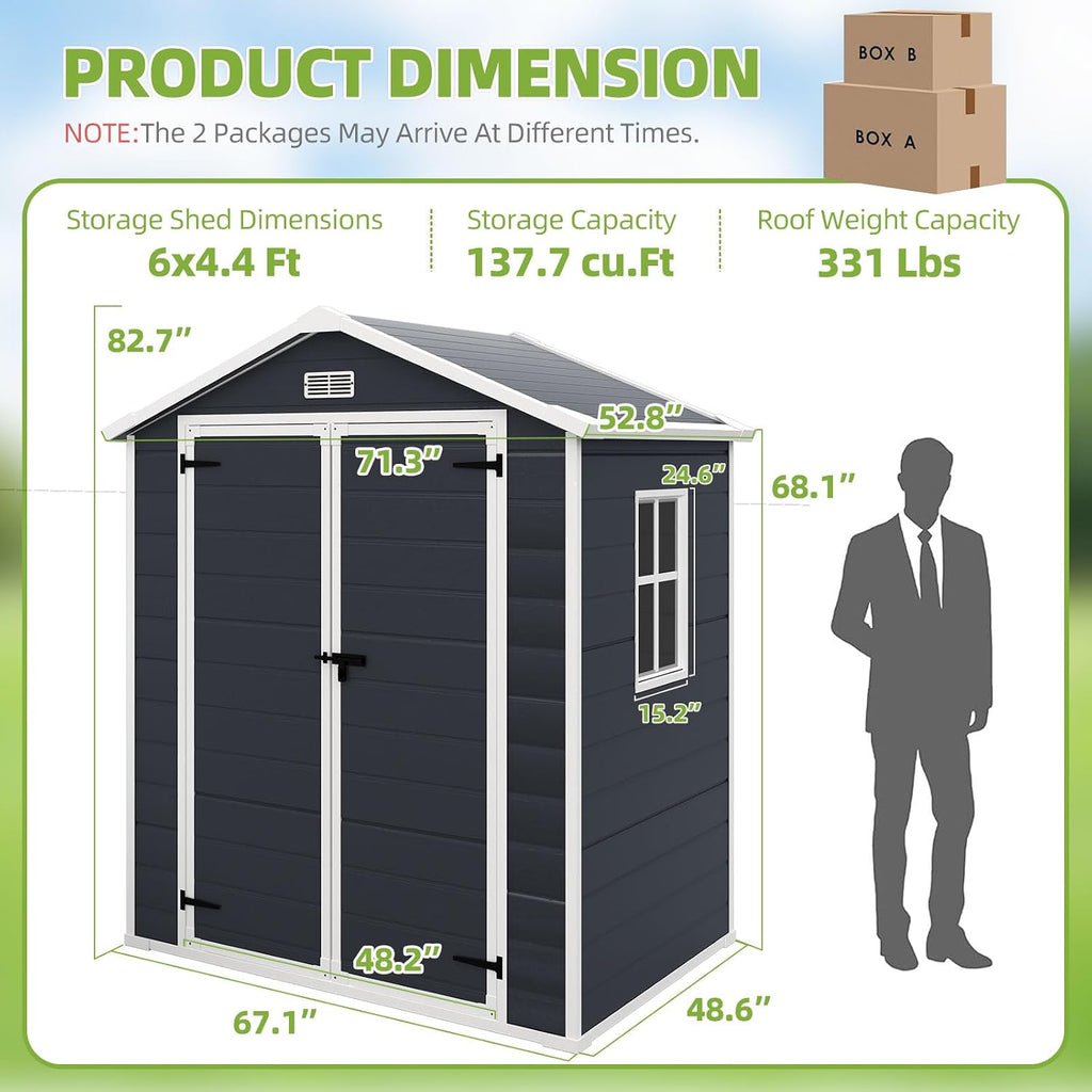 YOFE Outdoor Storage Shed 6x4.4FT, Resin Shed Plastic with Floor for Garden Tool,Waterproof Outdoor Resin Storage,Lockable Doors for Patio,Yard,Lawn (Darkgray 6x4)