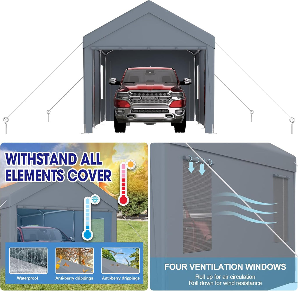 12x20FT Canopy, Outdoor Portable Garage with 2 Roll-Up Doors & 4 Ventilated Windows, Patio Camping Heavy Duty Car Port Canopy with PE Cover, Ground Pegs & Steel Cables, Easy Assembly, Grey