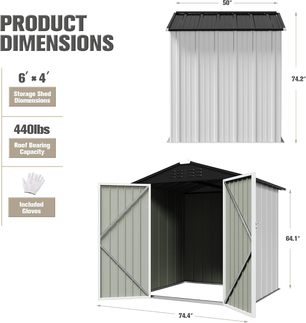 JUMMICO Metal Outdoor Storage Shed 6 x 4 FT Metal Shed with Lockable Door,Waterproof Garden Tool Shed Storage House for Backyard Patio Lawn,White
