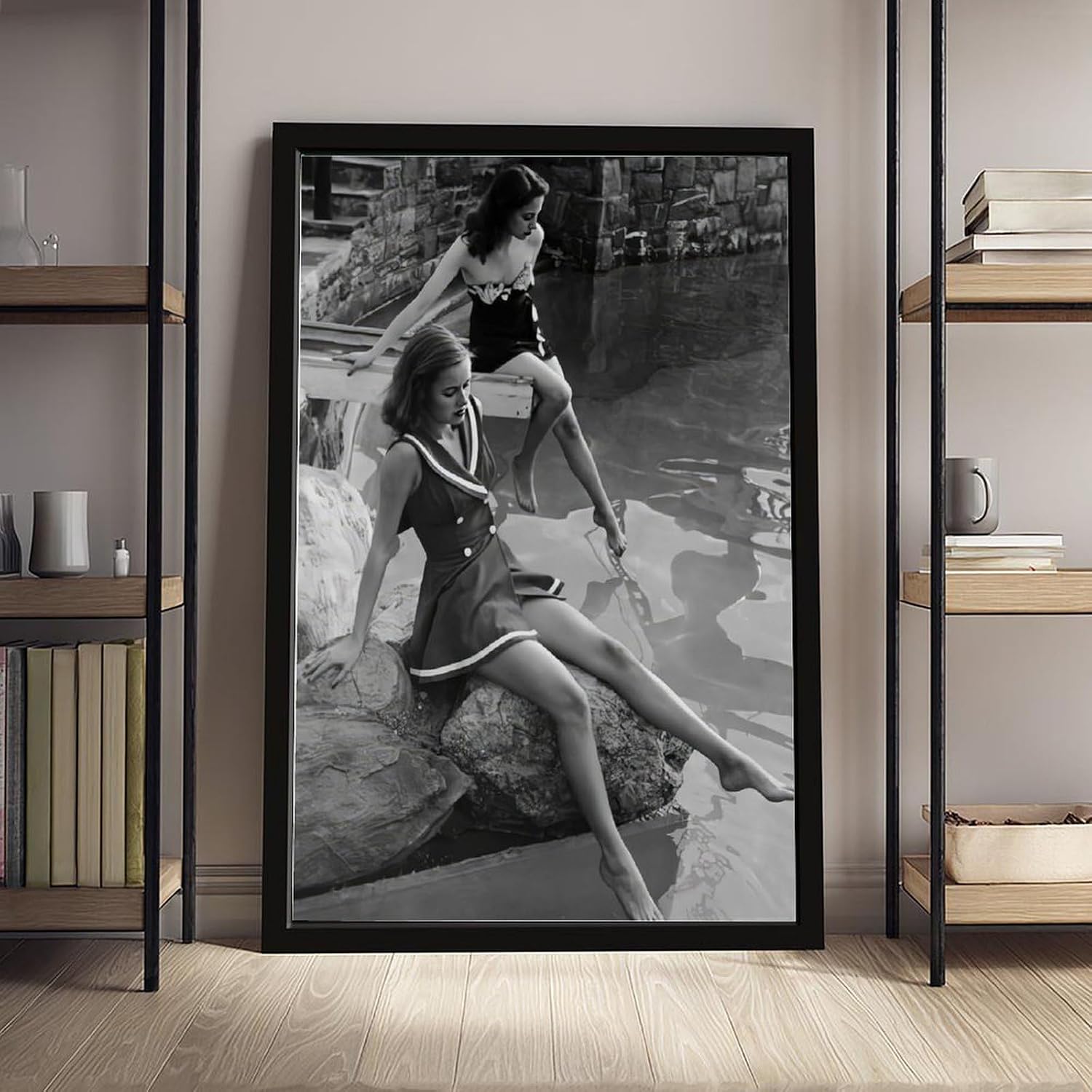 UXCBIA Young Woman, Paris, France, 1950s, Retro Women's Fashion Swimsuit, Black And White Poster Canvas Poster Bedroom Decor Sports Landscape Office Room Decor Gift Black Frame 24x36in(60x90cm)