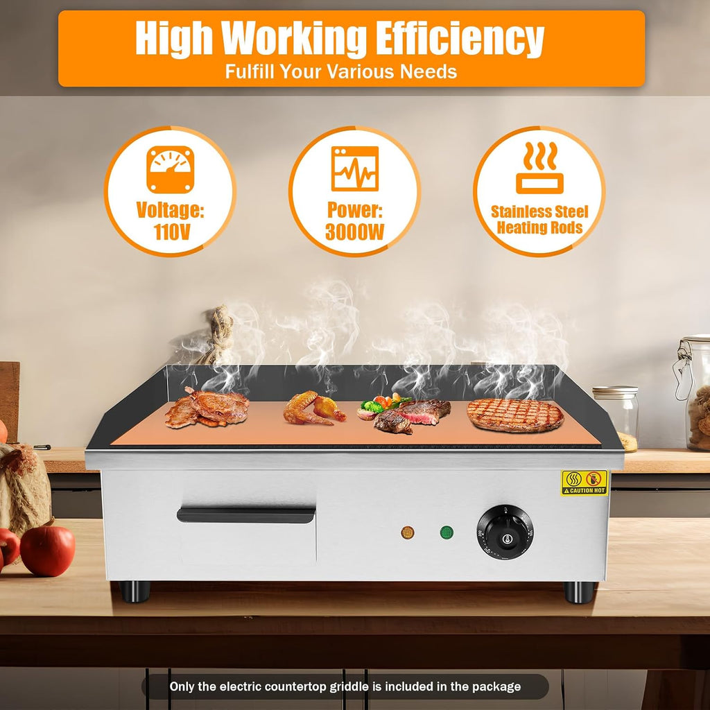 22' Commercial Electric Griddle Countertop Flat Top Griddle Stainless Steel Hibachi Teppanyaki Grill BBQ Plate 122-572℉ Adjustable Temp Control for Restaurant Kitchen,110V (3000W)