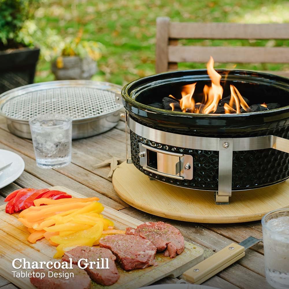 Ash & Ember 14' Hibachi Tabletop Grill & Griddle Set, Ceramic Charcoal Grill, Stainless Steel Cooking Grate, Non-Stick Maifan Griddle, Griddle Lifter, Adjustable Temp Control
