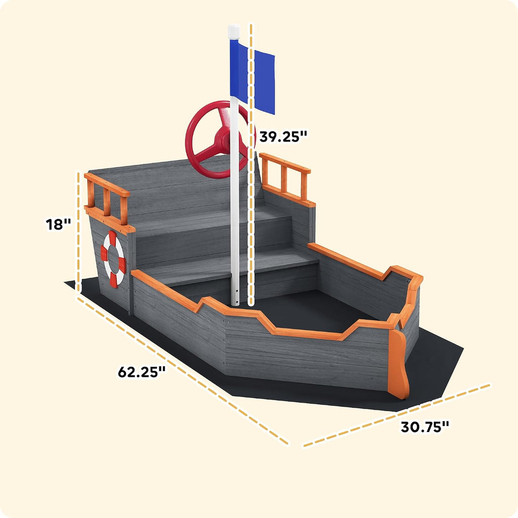 Outsunny Wooden Kids Sandbox, Ship-Shape Outdoor Sandboat with Bench Seats, Storage, Non-Woven Fabric Cloth for Backyard, Lawn, Dark Gray