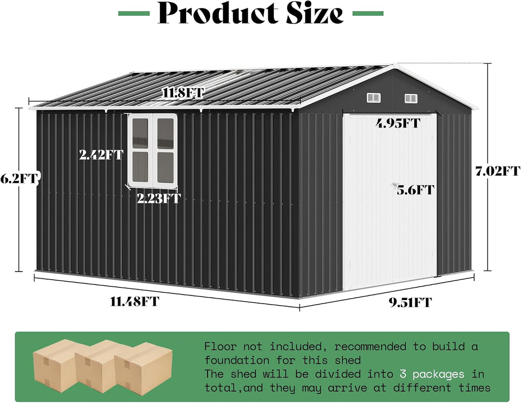 AMERLIFE 10x12x7 FT Outdoor Storage Shed with 2 Transparent Panels, Metal Garden Shed with Hinged Double Doors, 2 Windows & 4 Vents, Reinforced Steel Frame for Garden, Backyard, Dark Gray