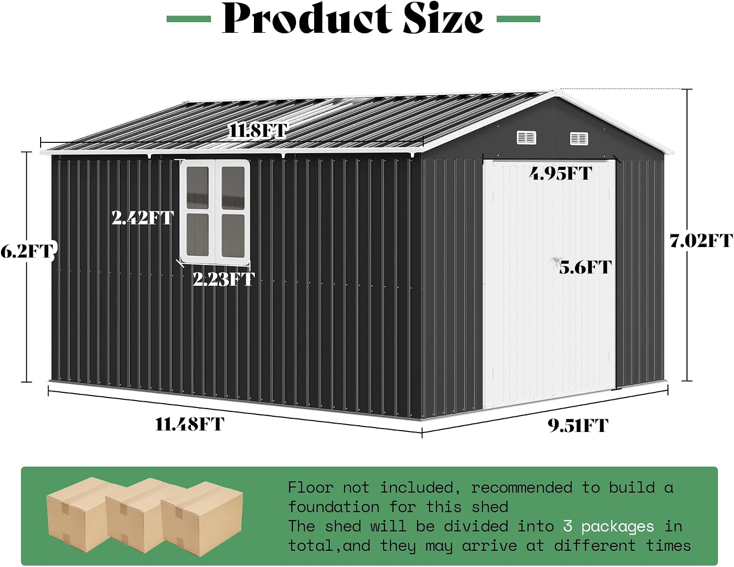 AMERLIFE 10x12x7 FT Outdoor Storage Shed with 2 Transparent Panels, Metal Garden Shed with Hinged Double Doors, 2 Windows & 4 Vents, Reinforced Steel Frame for Garden, Backyard, Dark Gray