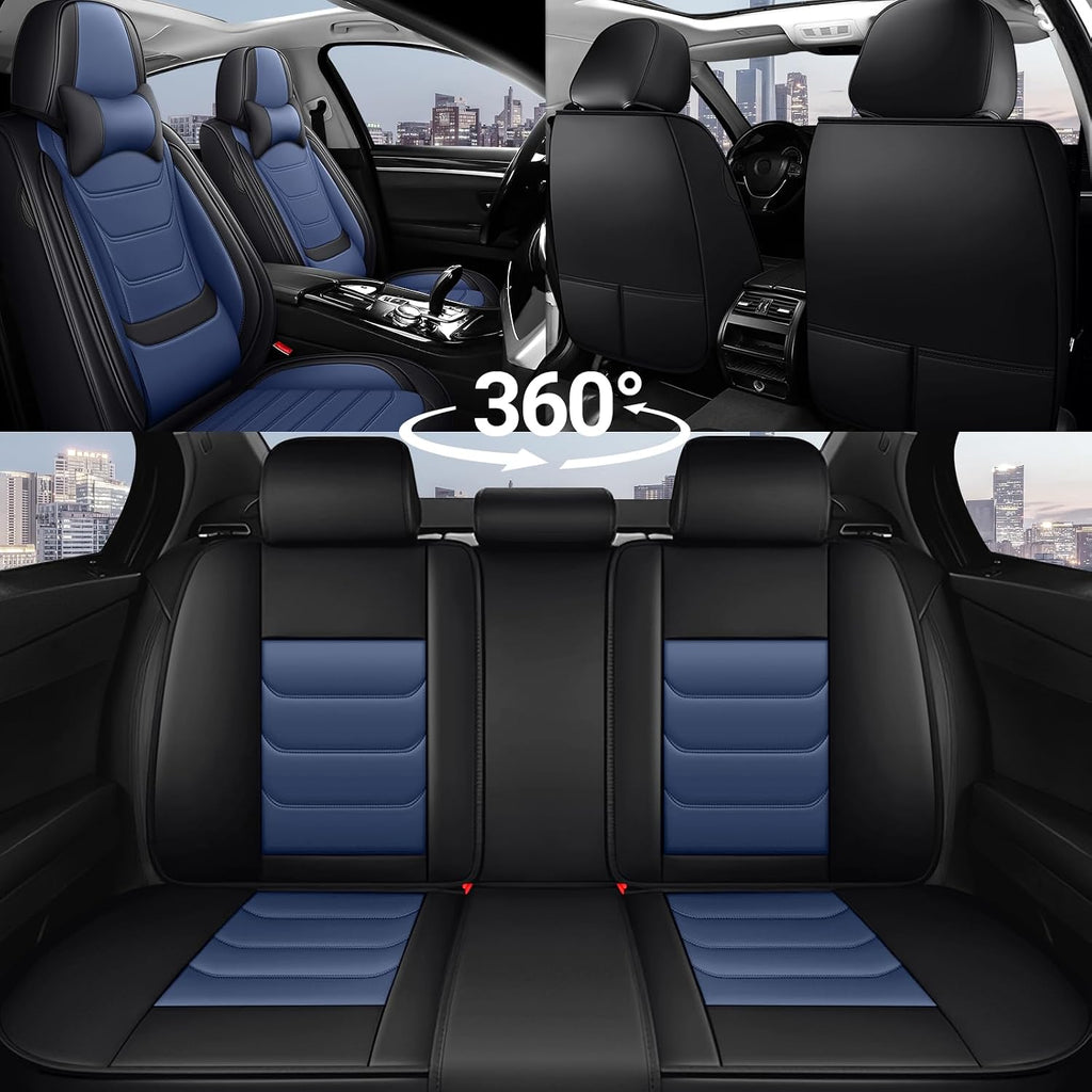 DHAEY Car Seat Covers for Kia NIRO 2017-2025, Family Seat Covers, Nappa Leather, Wear-Resistant, Anti-Slip, Waterproof, 5PCS Full Set with Pillows, Black Blue