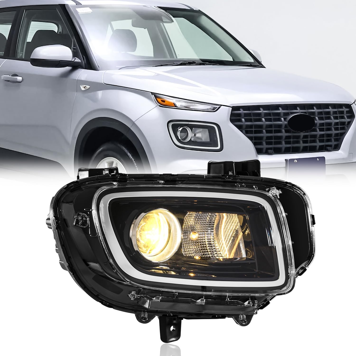 Halogen Headlight Assembly, without LED DRL, with Bulbs, Compatible with 2020-2025 Hyundai Venue SE (Not for SEL, Limited), 92102-K2070, Passenger Side