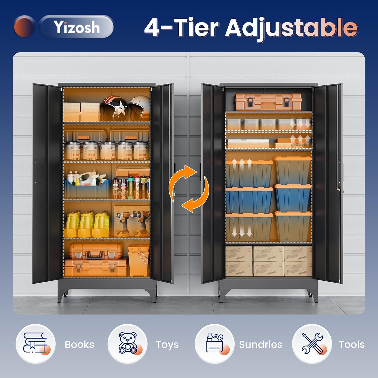 Yizosh Metal Garage Storage Cabinet with 2 Doors and 4 Adjustable Shelves - 71' Steel Lockable File Cabinet,Locking Tool Cabinets for Home,Office,Garage,Gym,School