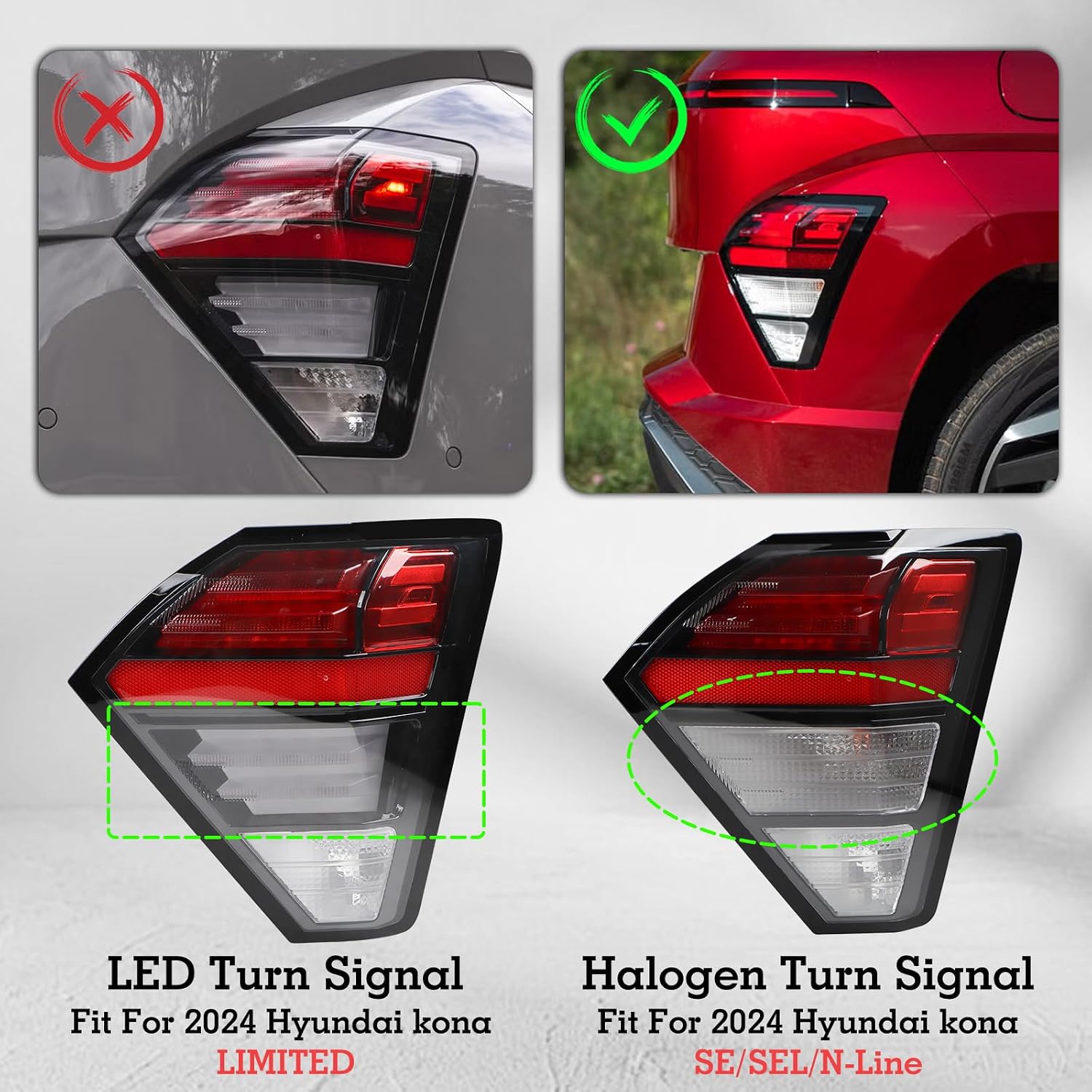Right LED Tail light W/Halogen Turn Signal Assembly Compatible With 2024-2025 Hyundai Kona SE/SEL/N-Line Outer Rear Tail Lamp Right Passenger Side 92406-BE020