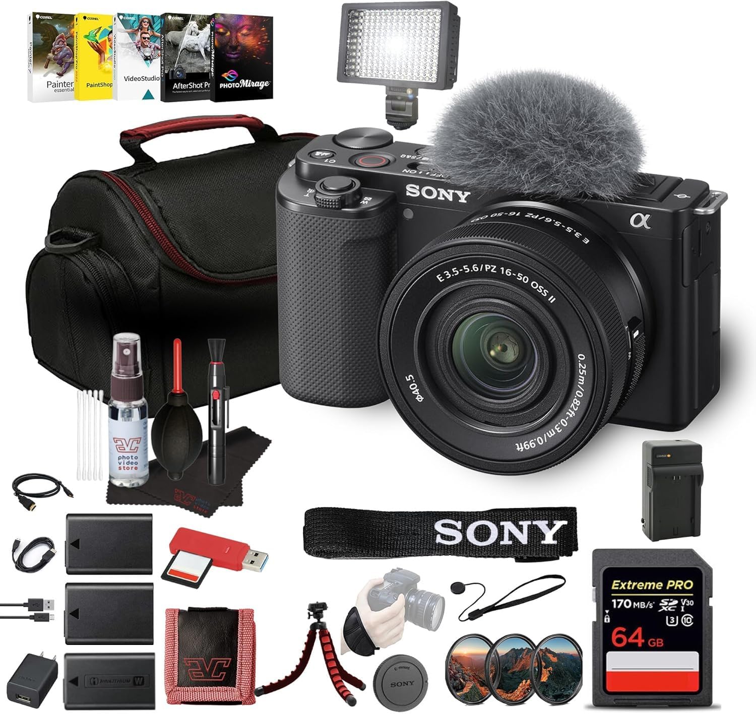 Sony ZV-E10 Mirrorless Camera Kit with 16-50mm II Power Zoom Lens (Black) | APS-C Sensor | Compact Creator Tool + 64GB Card + Filter Kit + Photo Software + Bag + 2 x NPF-W50 Battery + More