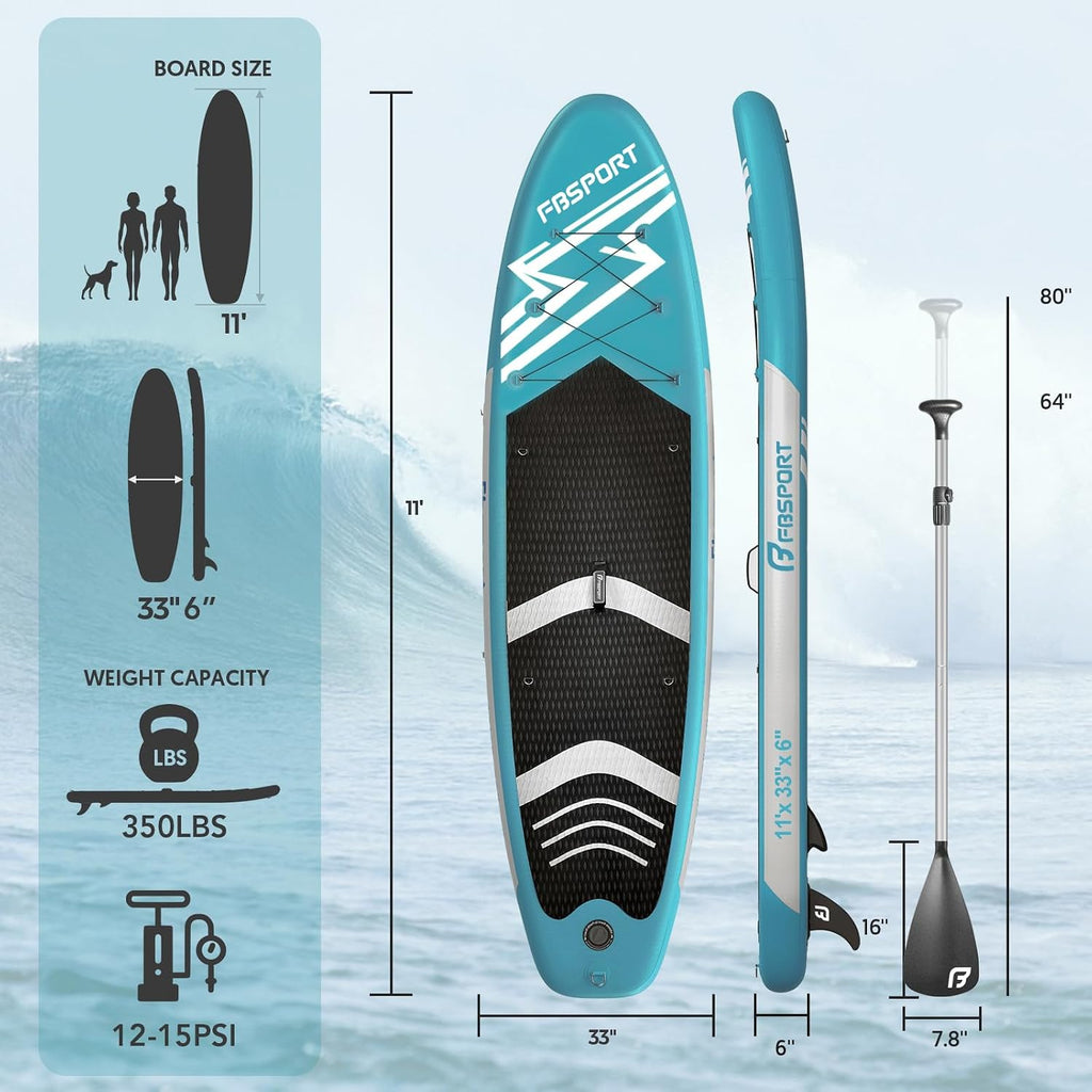 FBSPORT 11' Premium Stand Up Paddle Board, Yoga Board with SUP Accessories & Carry Bag | Wide Stance, Surf Control, Non-Slip Deck, Leash, Paddle and Pump for Youth & Adult