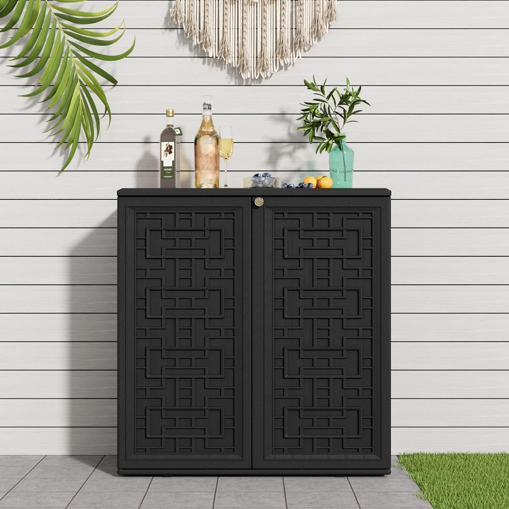 KINYING Outdoor Storage Cabinet Waterproof, Resin 62 Gallon Deck Box for Patio Furniture Cushions, Garden Tools, Pool Tools and Kids' Toys (Black with 1 Shelving)