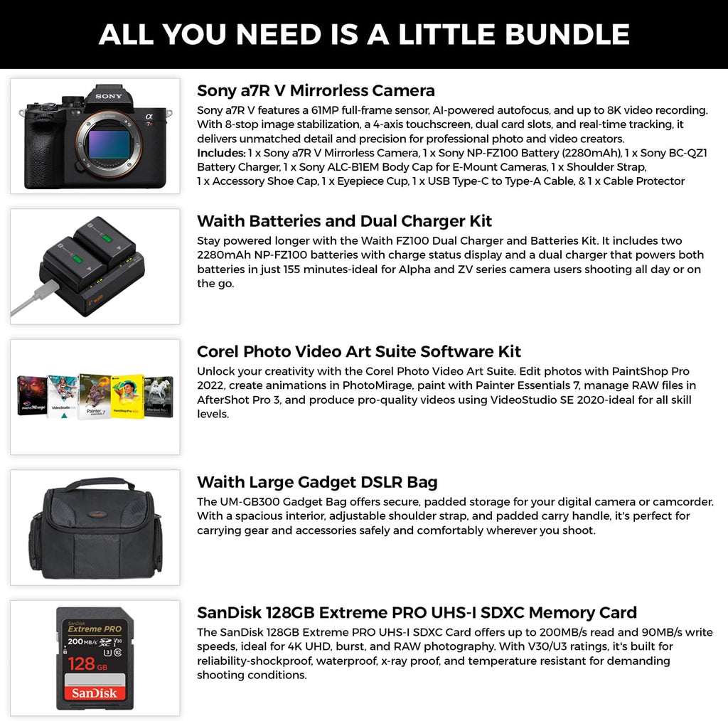 Sony a7R V Mirrorless Camera (Black) - 61MP Full-Frame Digital Camera with Batteries & Dual Charger Kit, Corel Software Kit, 128GB SDXC Memory Card & Large DSLR Bag - Essential Bundle