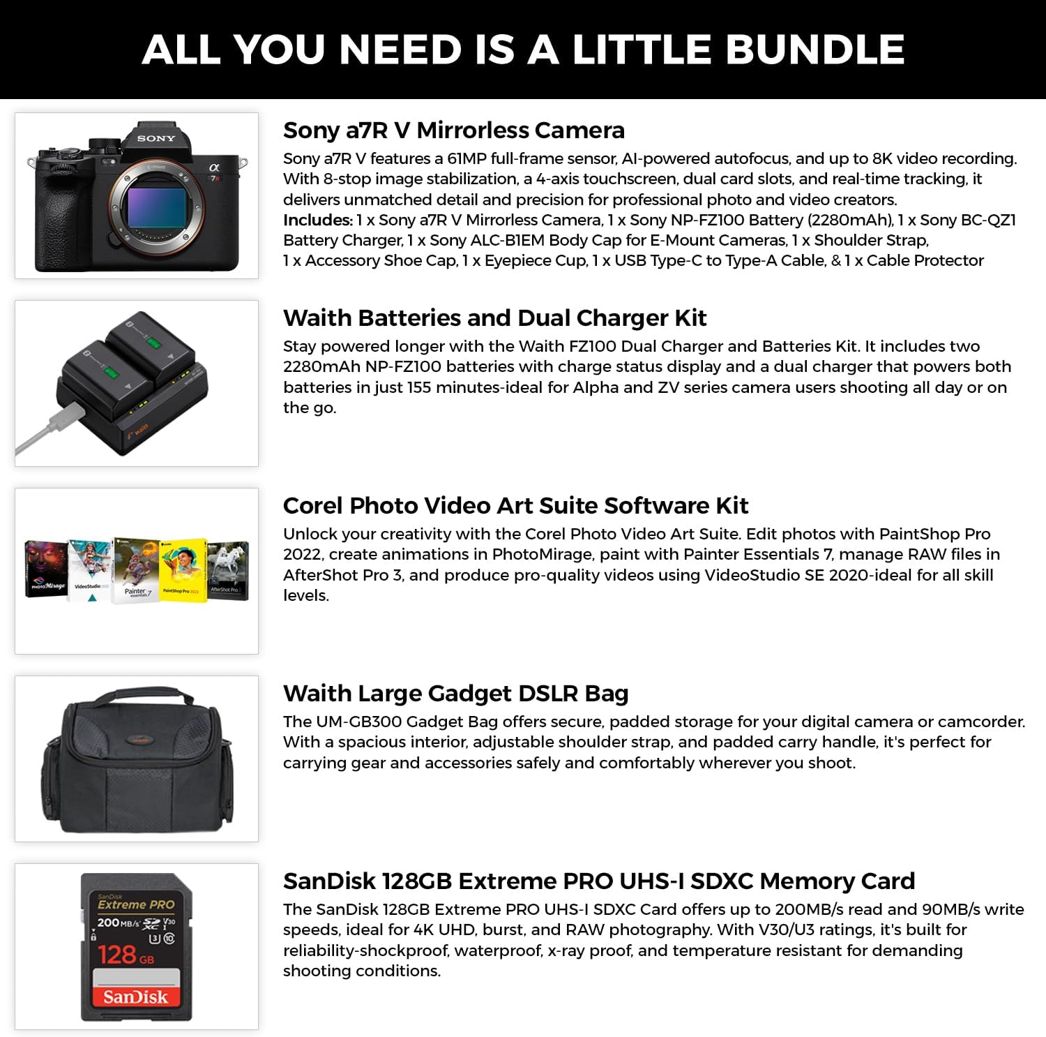 Sony a7R V Mirrorless Camera (Black) - 61MP Full-Frame Digital Camera with Batteries & Dual Charger Kit, Corel Software Kit, 128GB SDXC Memory Card & Large DSLR Bag - Essential Bundle