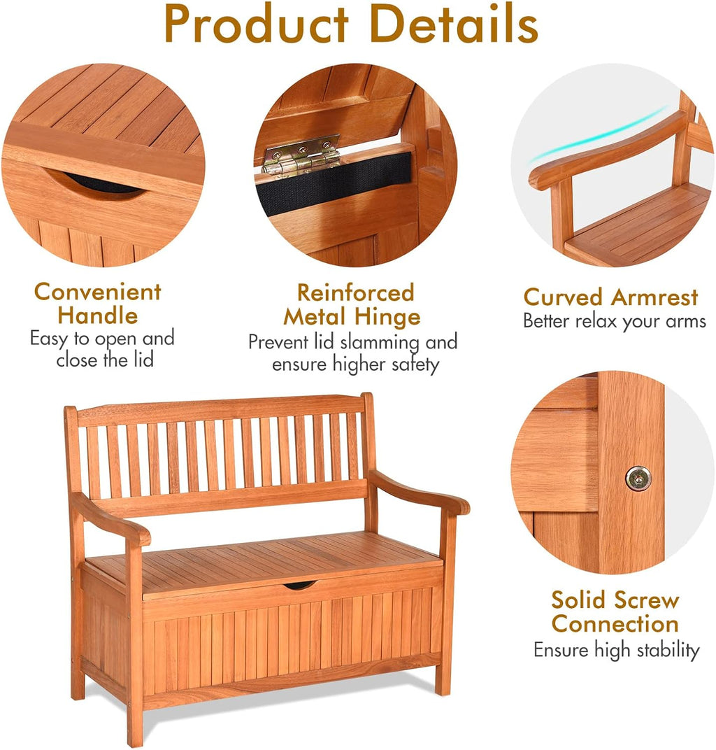 Giantex Wooden Outdoor Bench, Outside Deck Box with Seating, 800 lbs Capacity, Dustproof Liner, Wood Storage Loveseat for Pool Front Porch Garden Lawn Decor, Eucalyptus Patio Bench