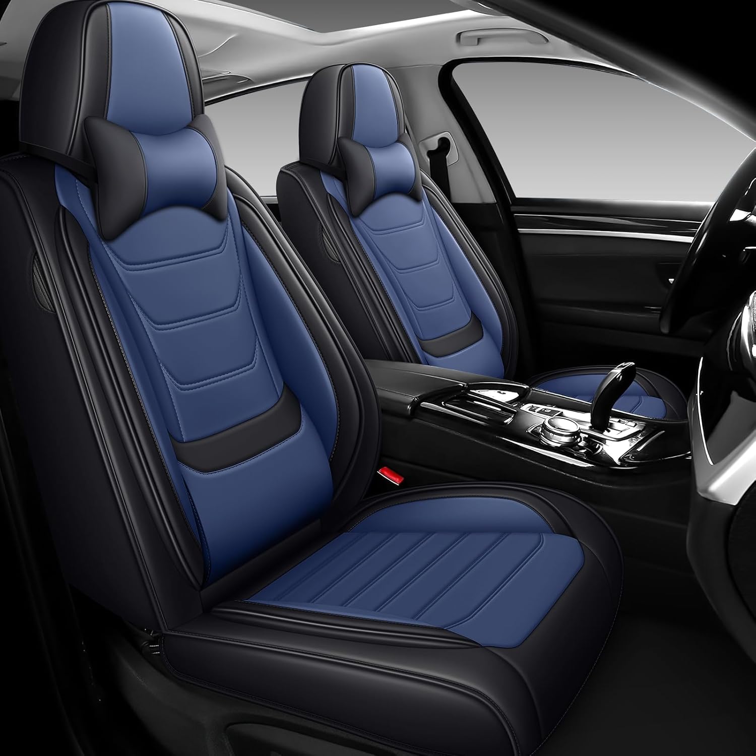 DHAEY Car Seat Covers for Kia NIRO 2017-2025, Family Seat Covers, Nappa Leather, Wear-Resistant, Anti-Slip, Waterproof, 2PCS Front with Pillows, Black Blue
