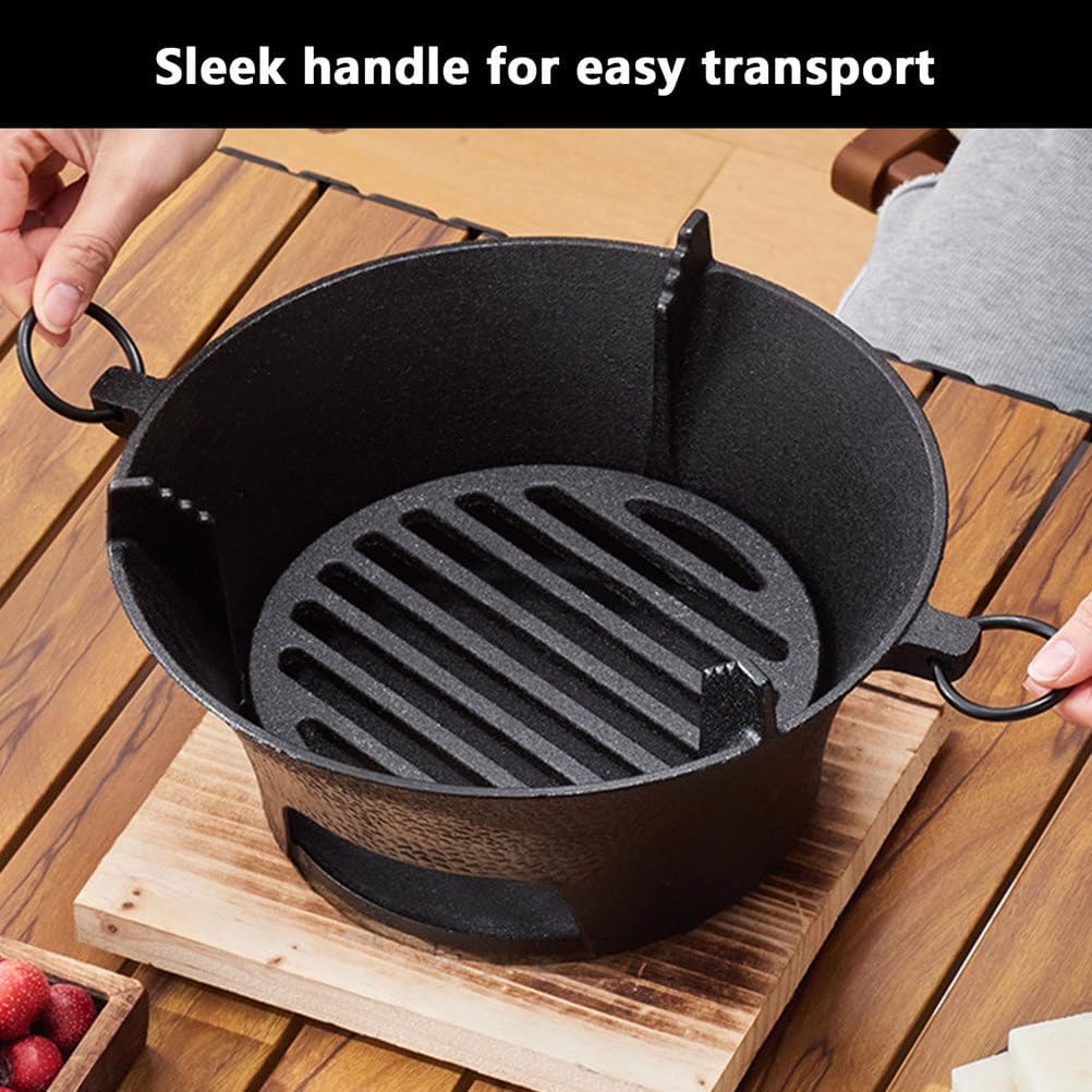 AIZYR Mini BBQ Grill, Portable Charcoal Stove Korean Tabletop Grill Barbecue Grill with Wooden Base for Outdoor Party Camping Picnics,28cm