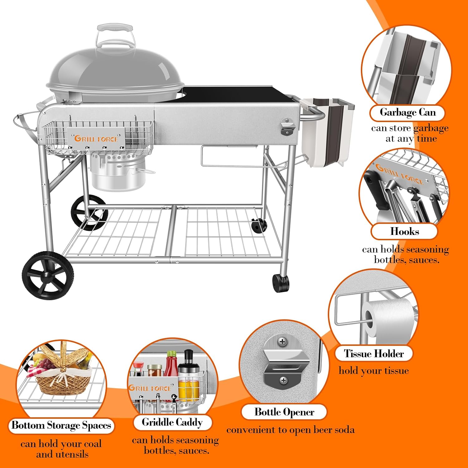 Grill Table for Weber 18' & 22' Original Kettle,Kettle Grill Cart,Outdoor Prep Table for Weber Original Kettle,Jumbo Joe,Master-Touch Charcoal Grill,Performer Charcoal Grill Accessories