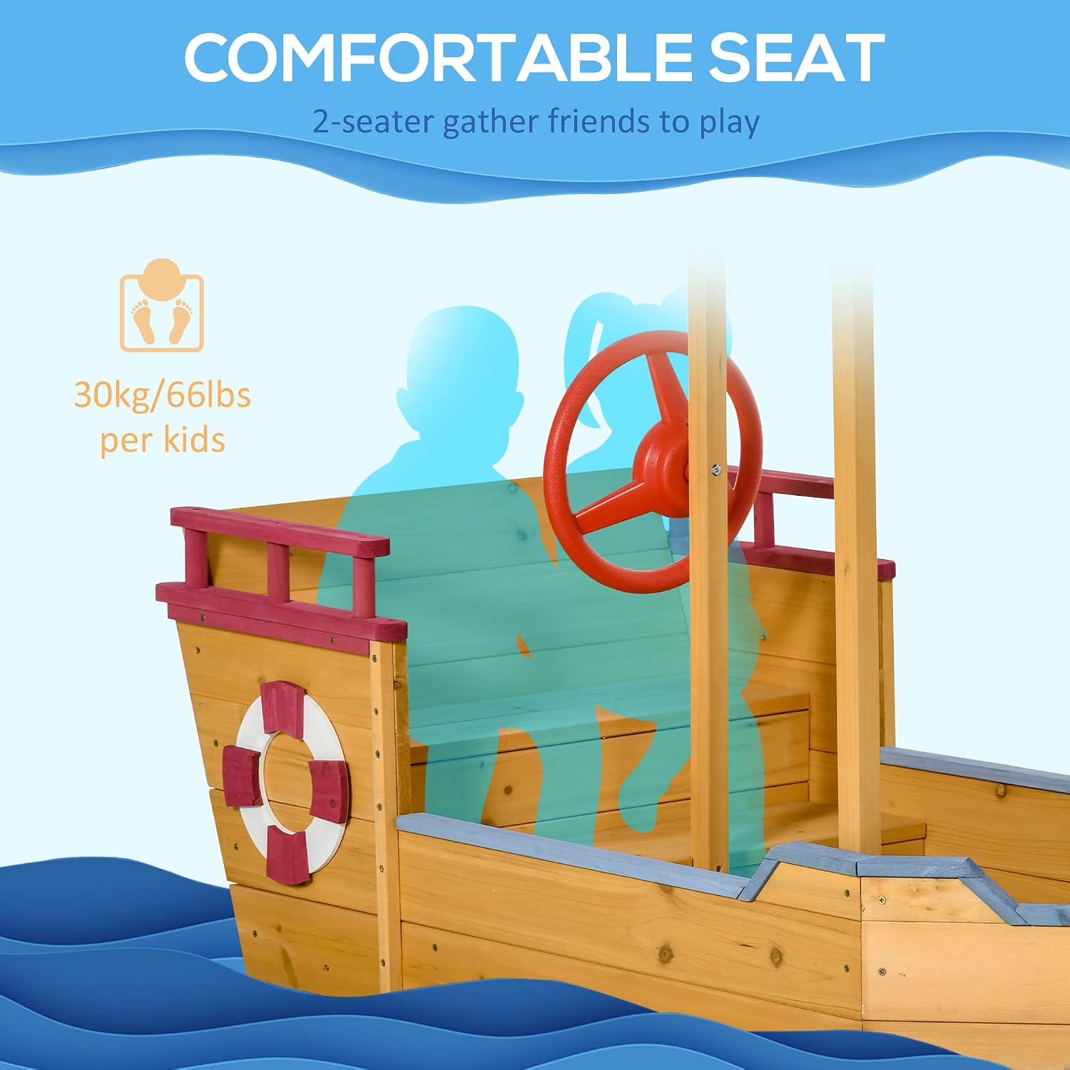 Outsunny Wooden Kids Sandbox with Canopy, Ship-Shape Outdoor Sandboat with Bench Seats, Storage, Non-Woven Fabric Cloth for Backyard, Lawn, Orange