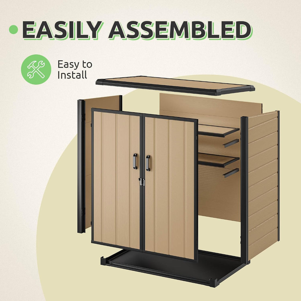 Outdoor Storage Shed with Adjustable Shelf, 54 Cu Ft Waterproof Vertical Resin Garden Tool Shed with Lockable Door & Sloping Roof, Plastic Tall Tool Cabinet for Backyard Garden Patio Lawn, Brown
