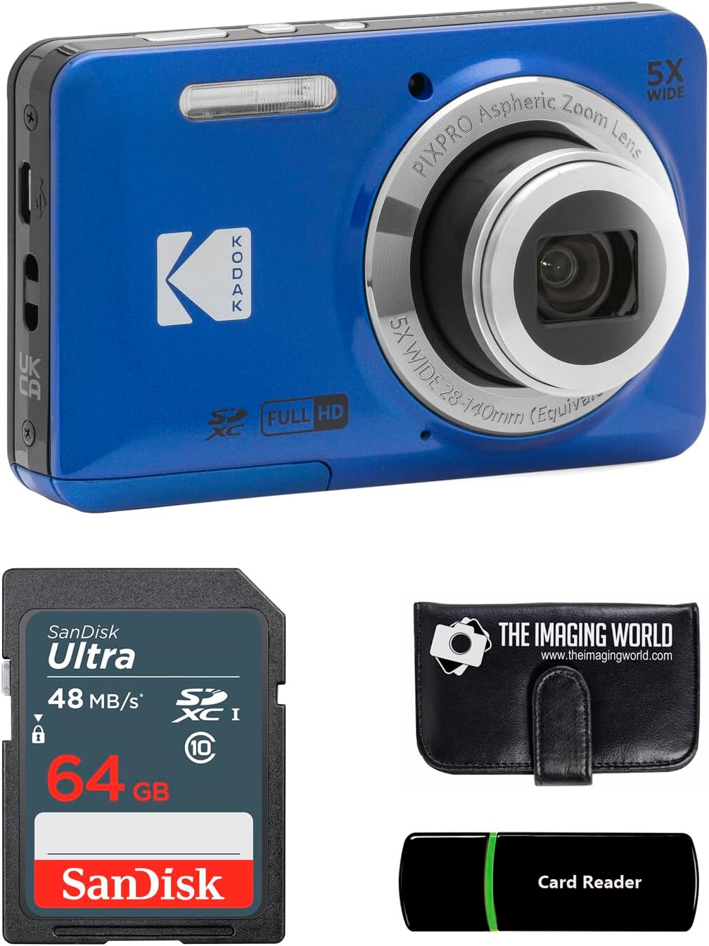 Kodak PIXPRO FZ55 Blue 16MP Digital Camera 5X Optical Zoom 28mm Wide Angle 1080P Full HD Video 2.7' LCD Camera + 64GB Card and Reader + Memory Wallet