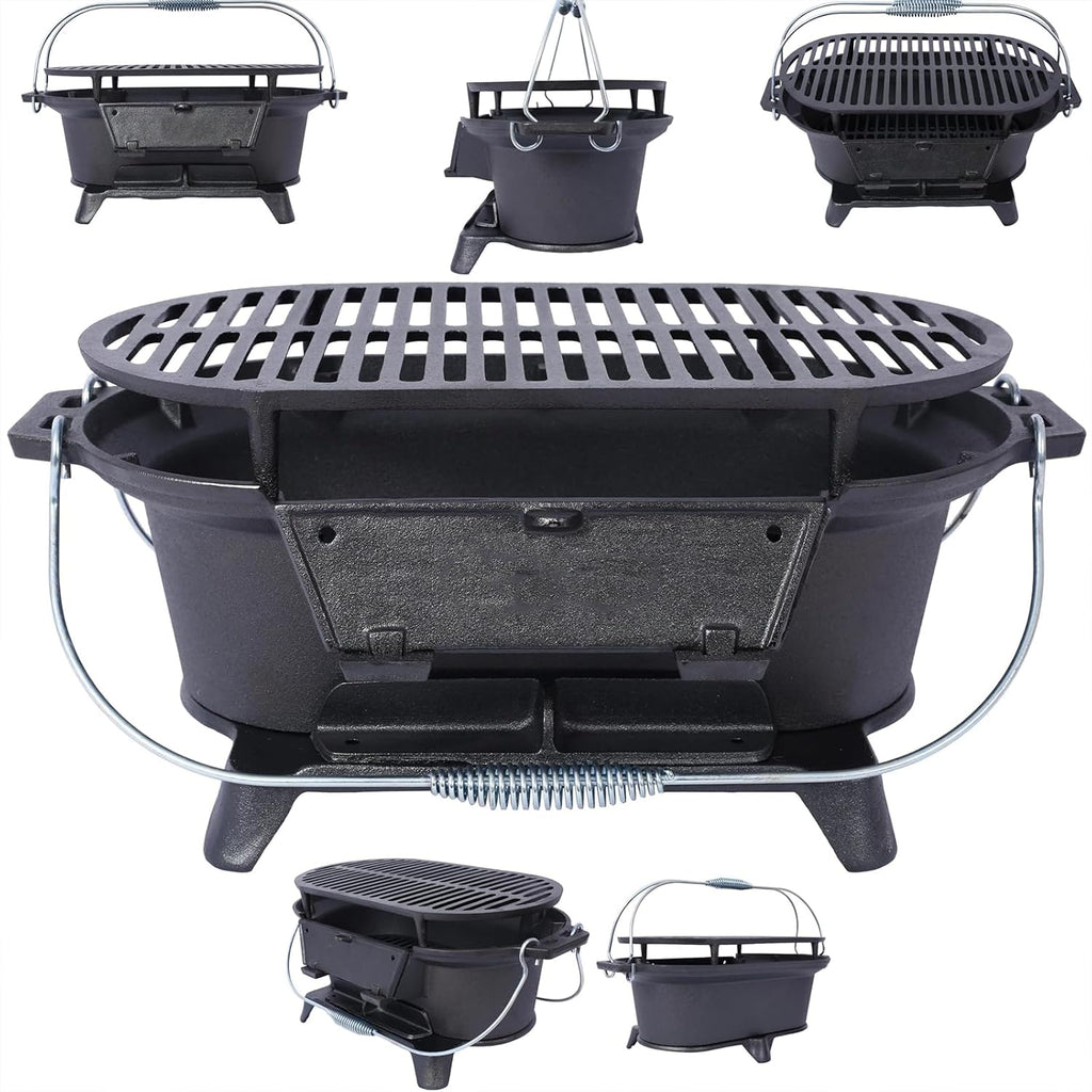 2025 Upgrade portable cast grill, hibachi grill outdoor, Cast Iron Hibachi Grill, hibachi 100% Cast Iron with Double-Sided Grate, Small Charcoal, Camping Stove (1, No handle)
