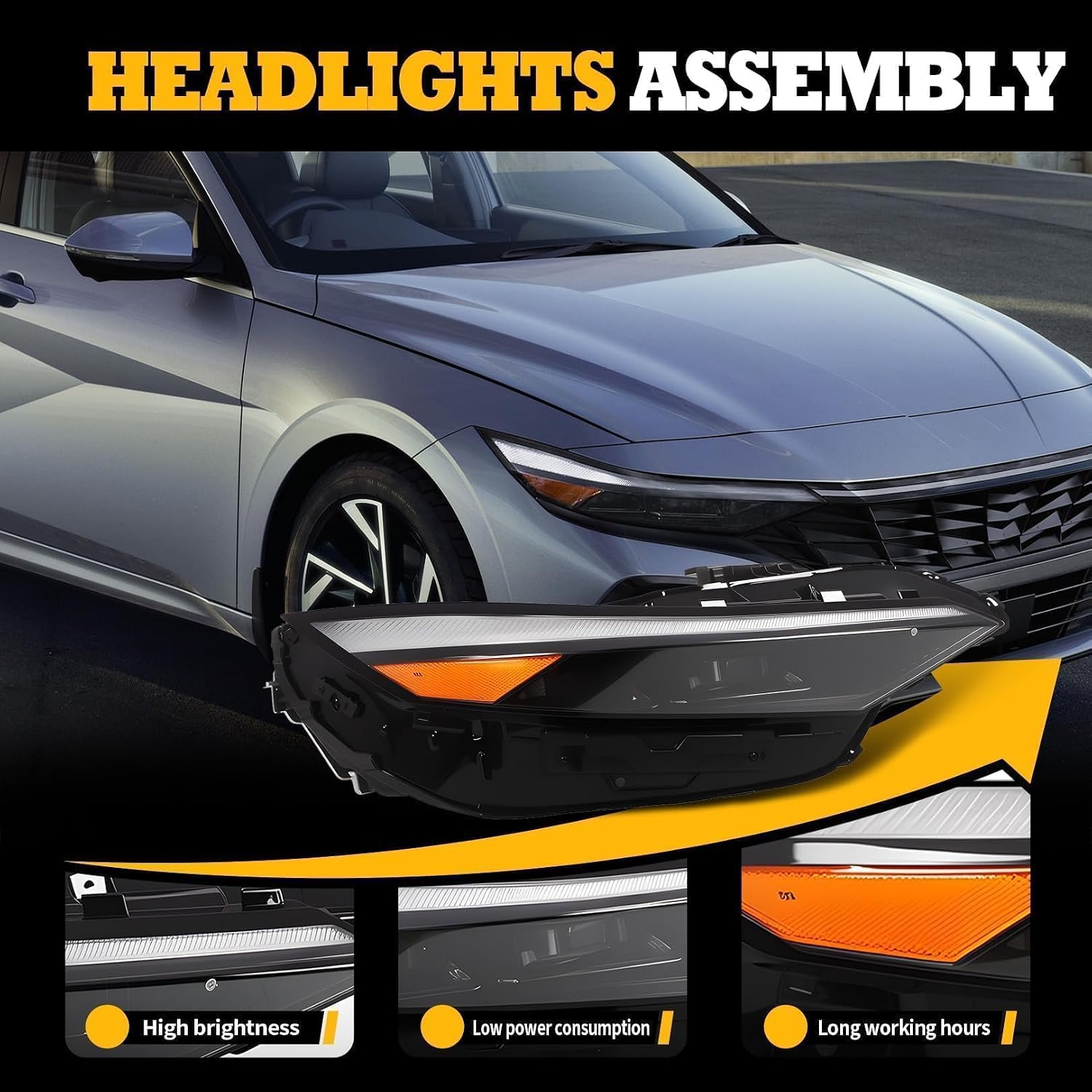 Right Headlight Assembly W/Module Compatible with Elan-tra SE SEL N Line GLS Preferred Luxury Limited 2024-2025 Headlamp Passenger Side Front Light 92012AA740