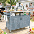 Outdoor Kitchen Island with Stainless Steel Top & Raised Shelf, Rolling Grill Cart with Spice & Towel Rack, Outdoor Island Table with Storage Cabinet & Hooks (Greyblue)