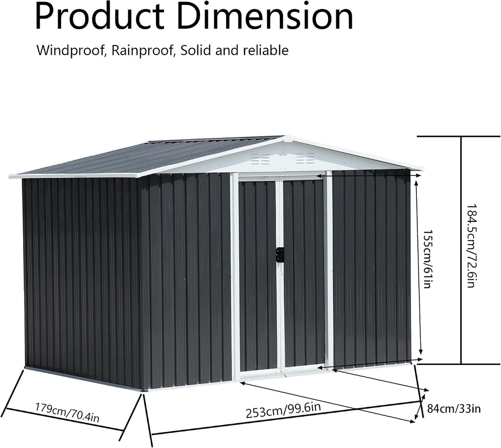 YOPTO 8x6 FT Outdoor Storage Shed,Metal Shed with Sliding Door & Air Vent,Garden Shed W/Sloped Roof,All Weather Waterproof Tool House for Backyard,Patio,Garage,Lawn,Grey
