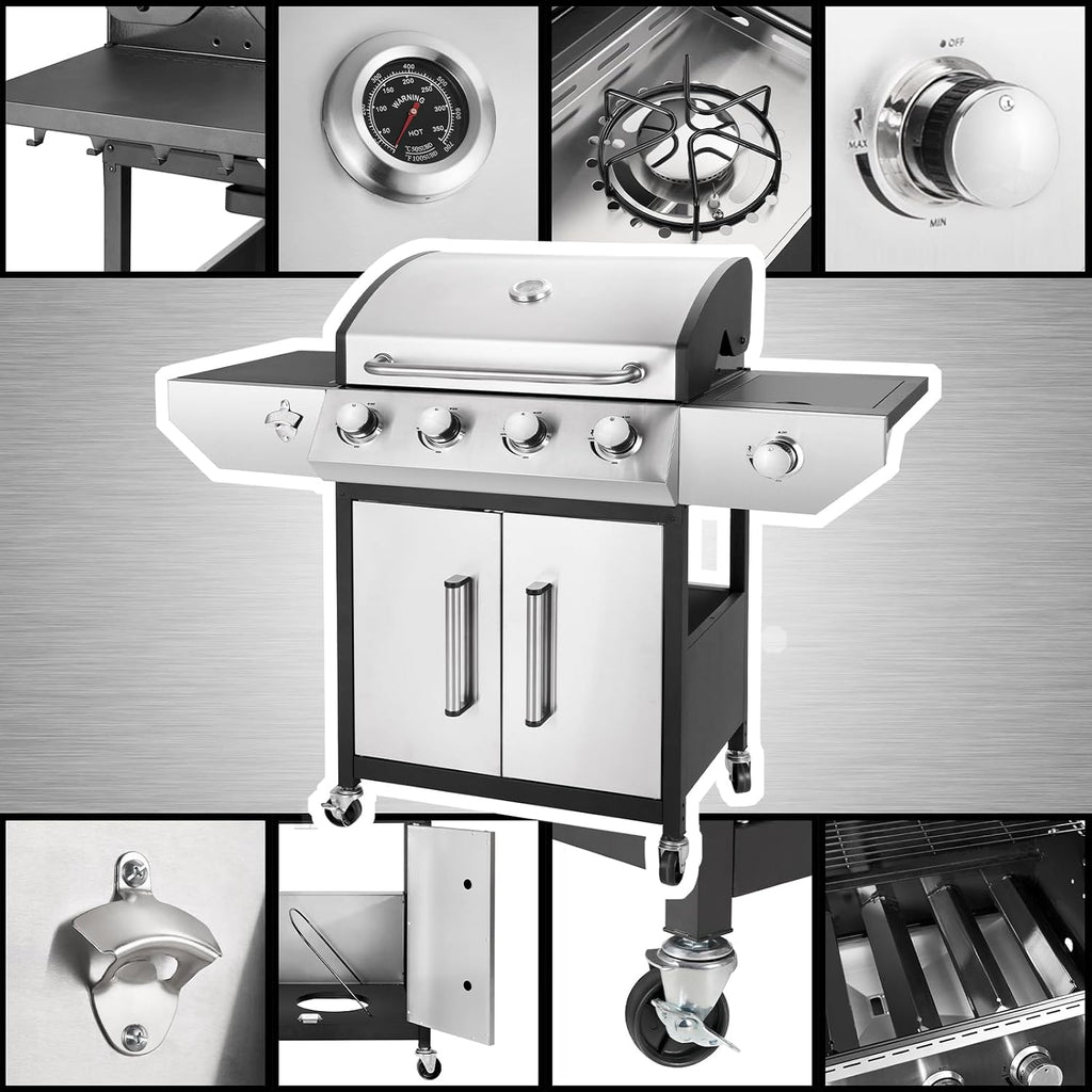 Kendane 4-Burner Propane Gas BBQ Grill with Side Burner, Barbecue Gas Grill with Enameled Cast Iron Grates for Outdoor Patio Garden Barbecue, 53,000 BTU, with Stainless Steel Grill Cover
