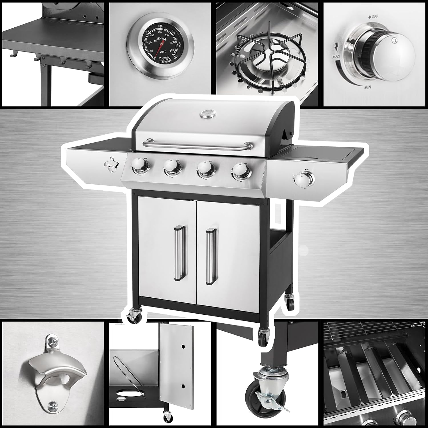 Kendane 4-Burner Propane Gas BBQ Grill with Side Burner, Barbecue Gas Grill with Enameled Cast Iron Grates for Outdoor Patio Garden Barbecue, 53,000 BTU, with Stainless Steel Grill Cover