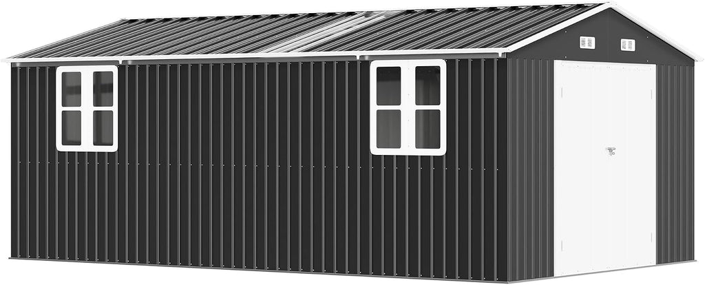 AMERLIFE 10x16x7 FT Outdoor Storage Shed with 2 Transparent Panels, Metal Garden Shed with Hinged Double Doors, 4 Windows & 4 Vents, Reinforced Steel Frame for Backyard, Garden, Dark Gray