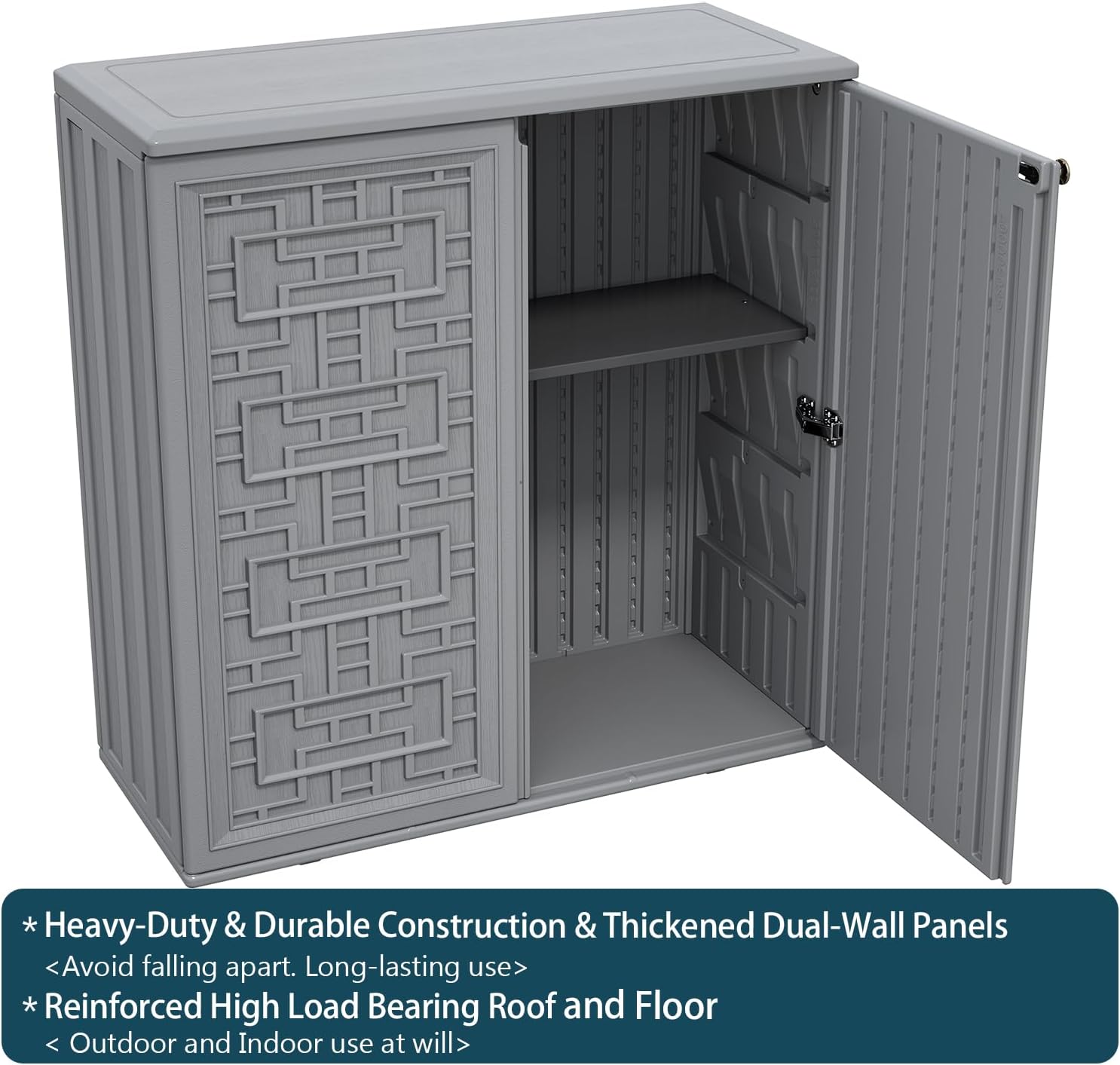 HOMSPARK Indoor/Outdoor Storage Cabinet with Doors and Shelf, 34'x15'x36' HDPE Plastic Storage Box Waterproof for Patio, Garden, Balcony, Multi-Purpose for Daily Tools, Grey