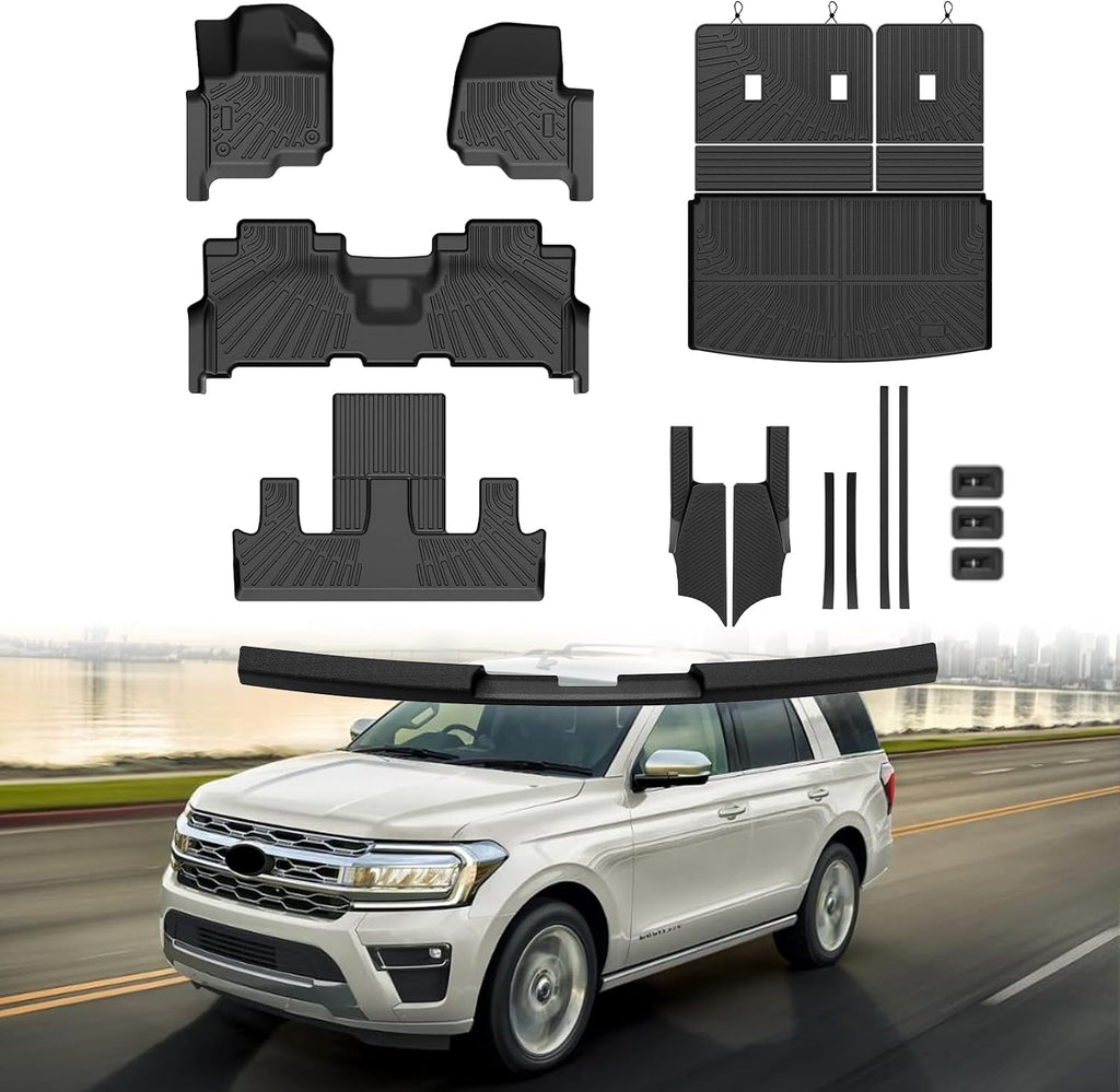 Mixsuper Floor Mat & Cargo Liner for Ford Expedition MAX 2018-2024 (7 Seats-2 Row Bucket Seat),All Weather TPE Anti-Slip Floor mat with Backrest and Door Sill Guards Expedition MAX Accessories,Black