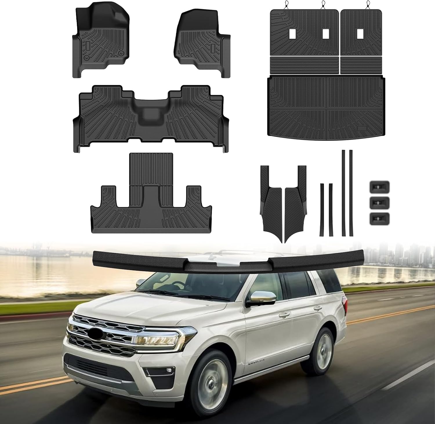 Mixsuper Floor Mat & Cargo Liner for Ford Expedition MAX 2018-2024 (7 Seats-2 Row Bucket Seat),All Weather TPE Anti-Slip Floor mat with Backrest and Door Sill Guards Expedition MAX Accessories,Black