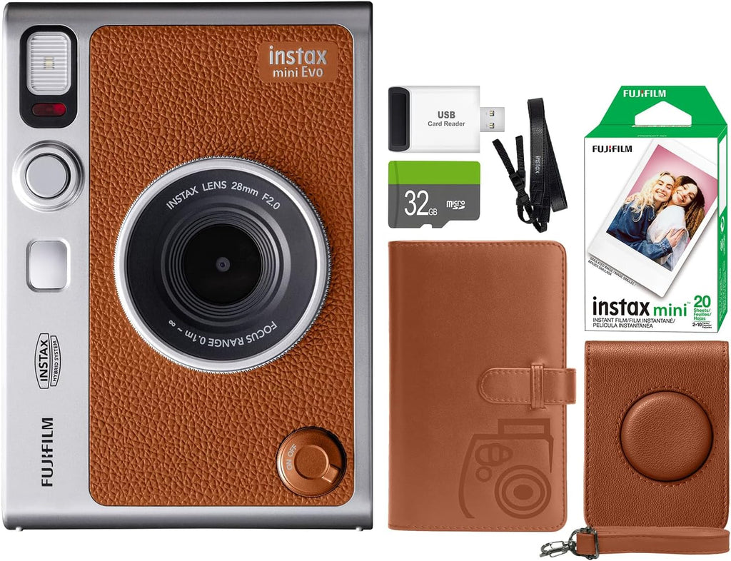 FUJIFILM INSTAX Mini EVO Hybrid Instant Camera + Fuji Instax Film 20 Sheet + Custom Case & Album 32GB Accessory Bundle (Brown)
