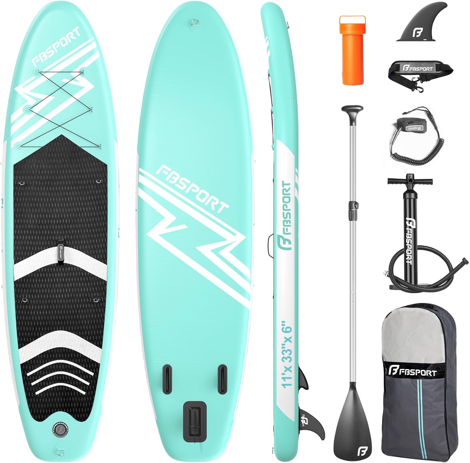 FBSPORT 11' Premium Stand Up Paddle Board, Yoga Board with SUP Accessories & Carry Bag | Wide Stance, Surf Control, Non-Slip Deck, Leash, Paddle and Pump for Youth & Adult