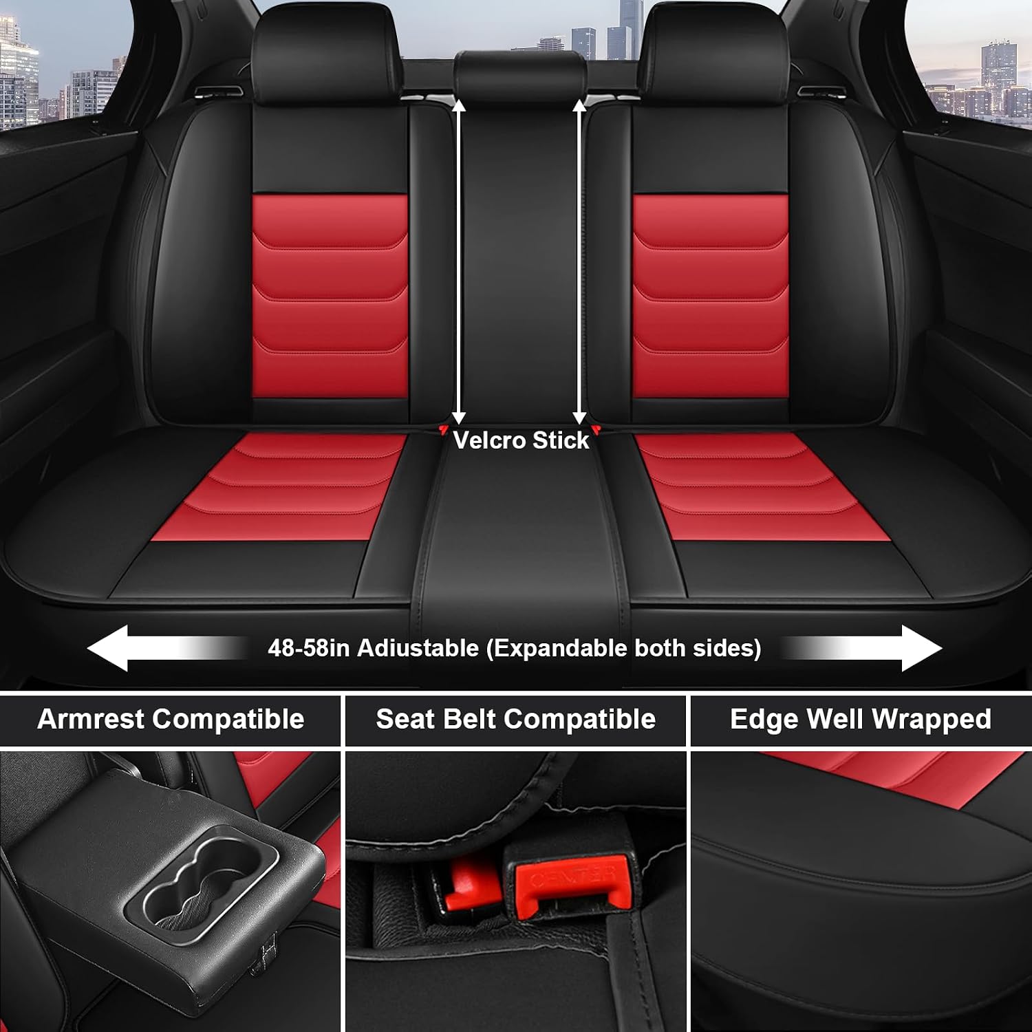 DHAEY Car Seat Covers for Volkswagen Atlas 2018-2025, Family Seat Covers, Nappa Leather, Wear-Resistant, Anti-Slip, Waterproof, 5PCS Full Set, Black Red