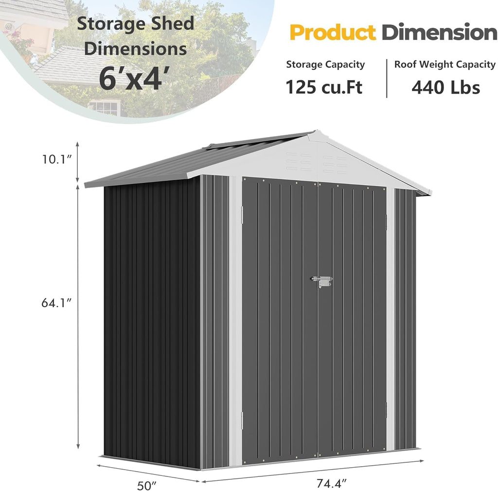 Furniwell 6x4 FT Outdoor Storage Shed, Metal Garden Sheds Outdoor Storage House with Single Lockable Door for Backyard Patio Lawn, Gray