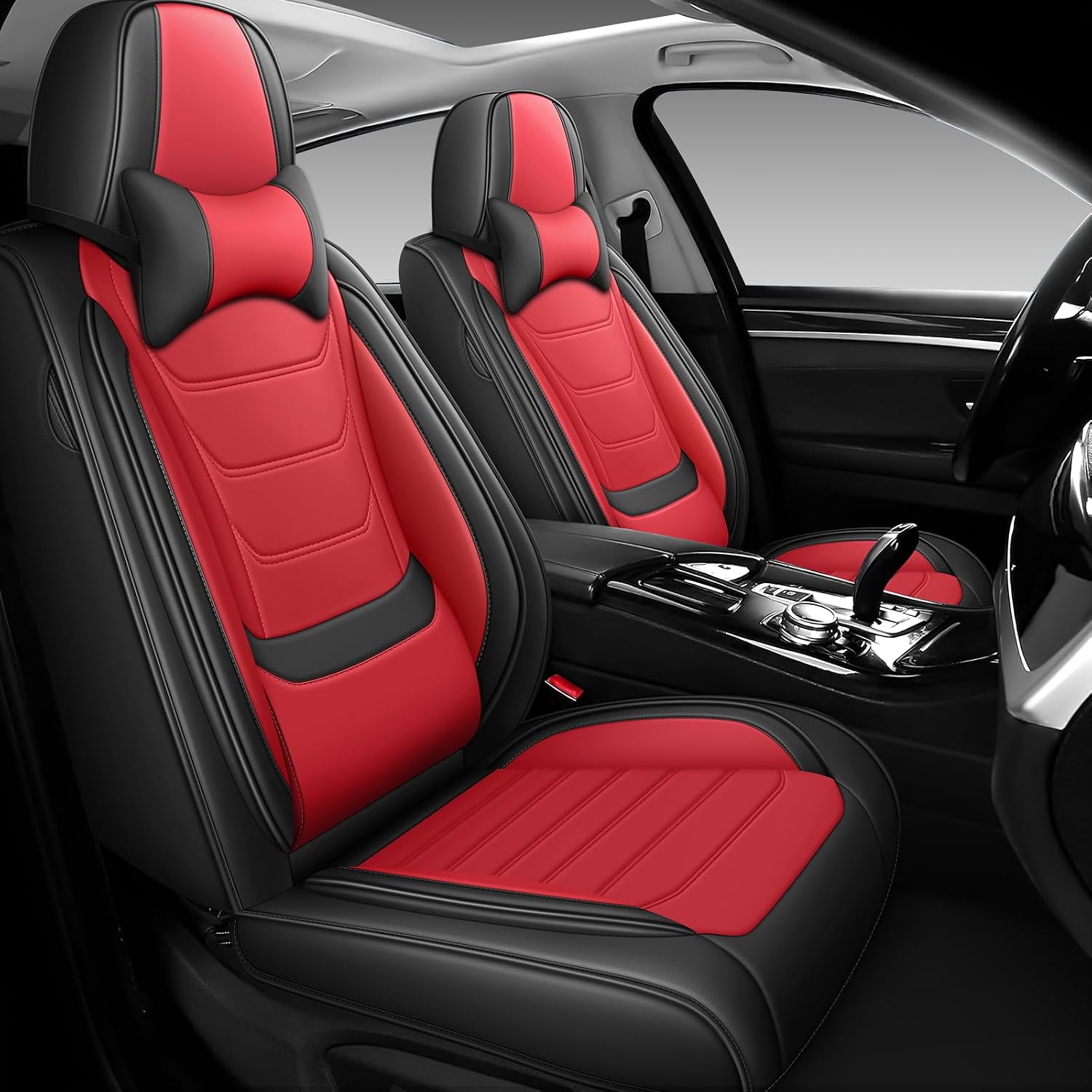 DHAEY Car Seat Covers for Kia NIRO 2017-2025, Family Seat Covers, Nappa Leather, Wear-Resistant, Anti-Slip, Waterproof, 2PCS Front with Pillows, Black Red