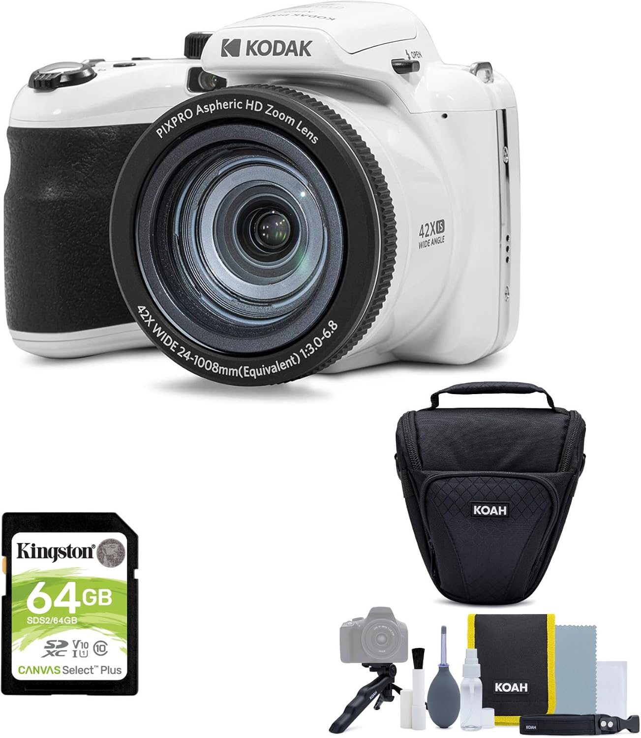 Kodak PIXPRO AZ425 Astro Zoom 20MP Digital Camera with 42x Optical Zoom (White) Bundle with 64GB SD Card and Accessory Kit (3 Items)