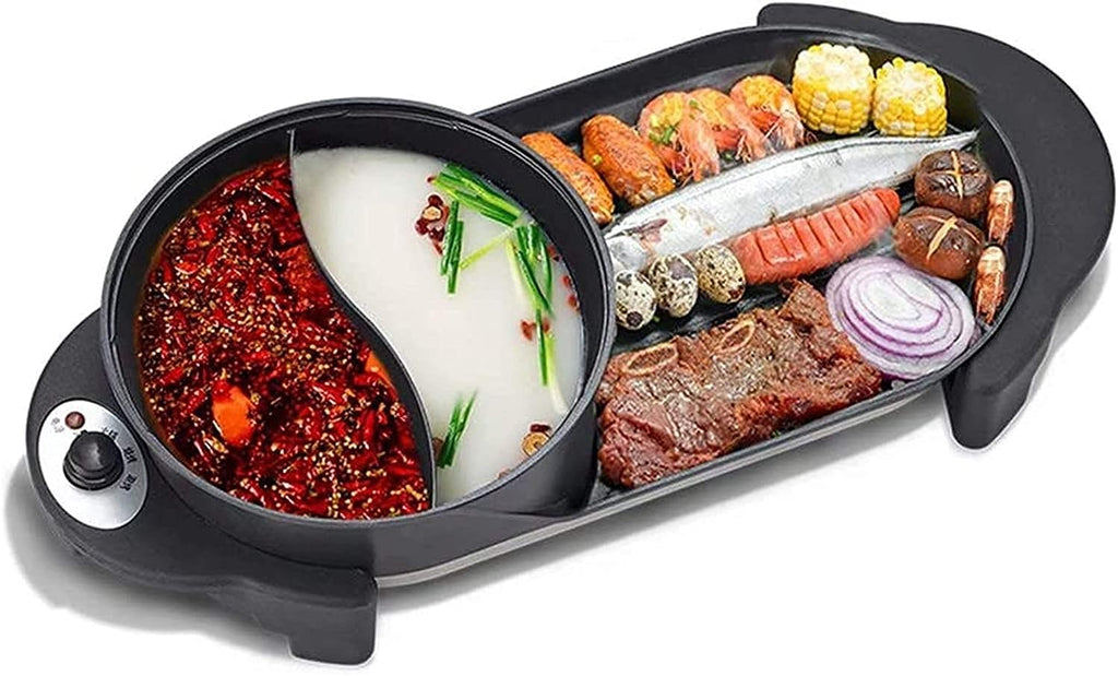BBQ Electric Grill with Hot Pot Non-stick coating surface, Hot Pot with Glass Lid 2 in 1 Korean Electric Smokeless Grill and Hot Pot (Color : Black, Size : 58 * 26cm)