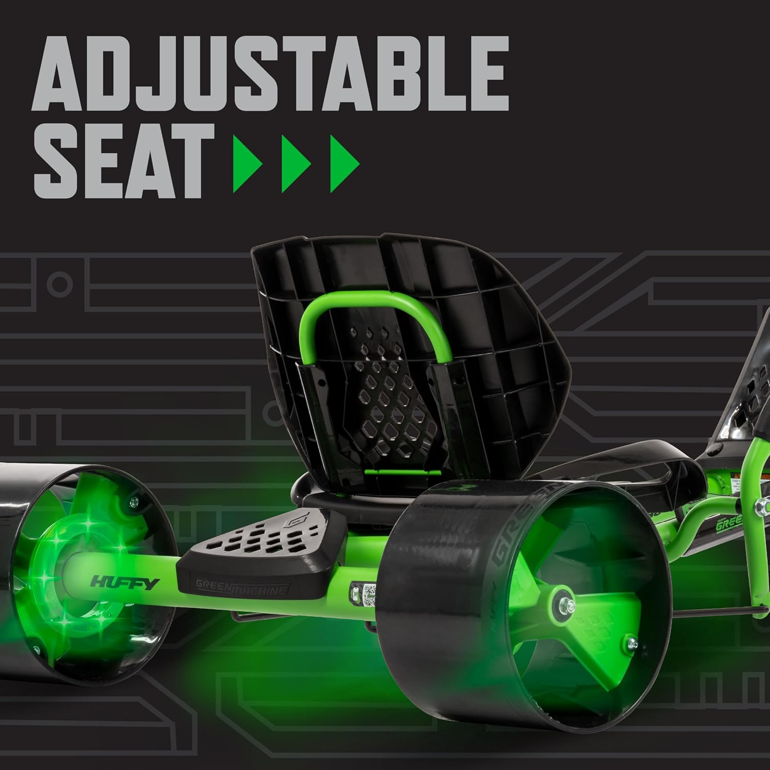 Huffy Green Machine 20 Inch Drift Trike, Sleek Ergonomic Design, Adjustable Seat, Durable Steel Frame, Easy to Operate, Drift Trike for Kids Ages 8+, LED Light Accents, Coaster Brake, Green and Black