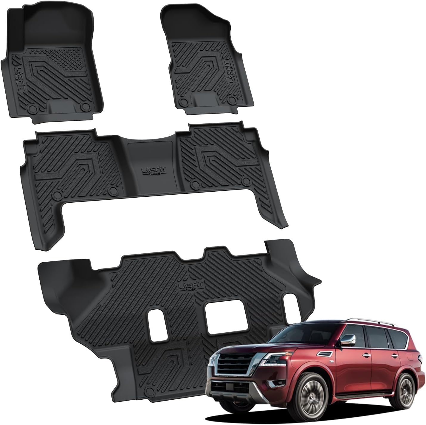 LASFIT Floor Mats for Nissan Armada/Infiniti QX80 2024 2023 2022 2021 2020 2019 (Only Fits for 8 Seats, Bench Seats), All Weather TPE Custom Fit Floor Liners for 2019-2024 Armada/QX80 Car Mats