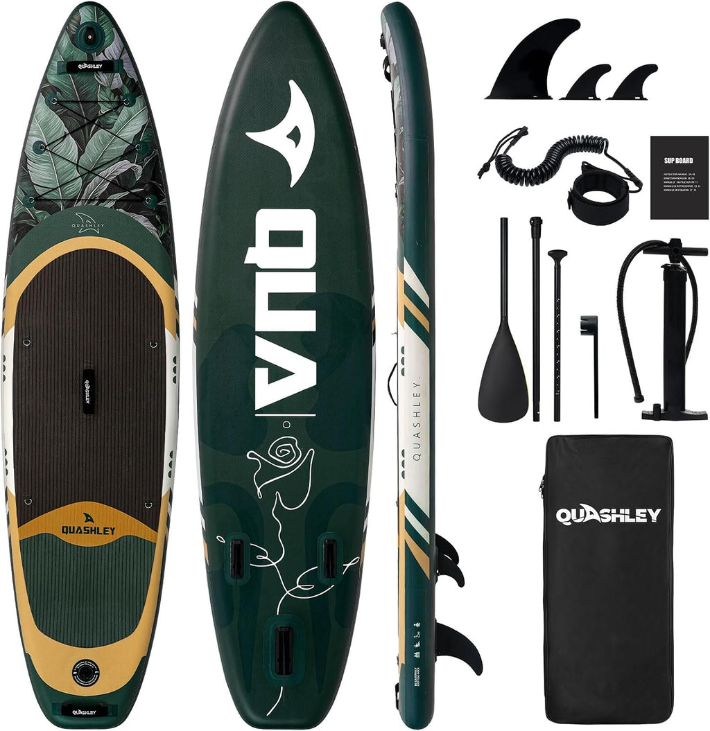 Quashley Inflatable Paddle Board Extra Wide Stand Up Paddleboards 11'×34' with All Premium Paddle Board Accessories,Inflatable SUP for Adults/Family,Beginner-Friendly,Removable Fin,Hand Pump